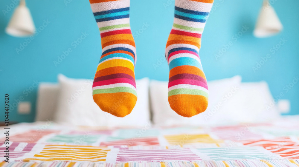 Playful striped socks on feet jumping on bed, creating joyful atmosphere. vibrant colors and lively action evoke sense of fun and happiness Playful striped socks on feet jumping on bed, creating joyful atmosphere. vibrant colors and lively action evoke sense of fun and happiness
