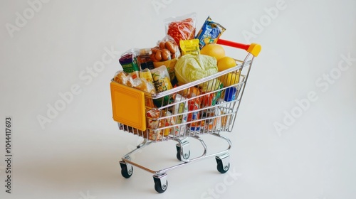 A shopping cart filled with various grocery items on a plain background.