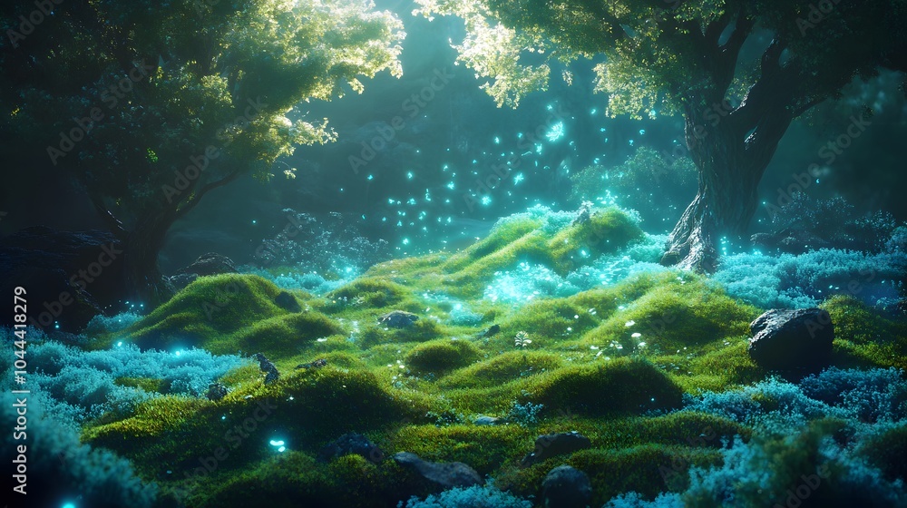 A fantastical landscape where the ground is covered in soft moss glowing in shades of green and blue with magical creatures wandering A fantastical landscape where the ground is covered in soft moss glowing in shades of green and blue with magical creatures wandering