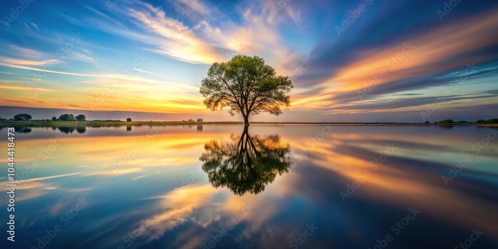 Reflection of a tree in lake at sunset, long exposure photography, asymmetrical Reflection of a tree in lake at sunset, long exposure photography, asymmetrical