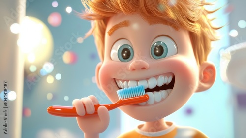 Obraz na płótnie Cheerful Child Brushing His Teeth in 3D Cartoon Style w salonie