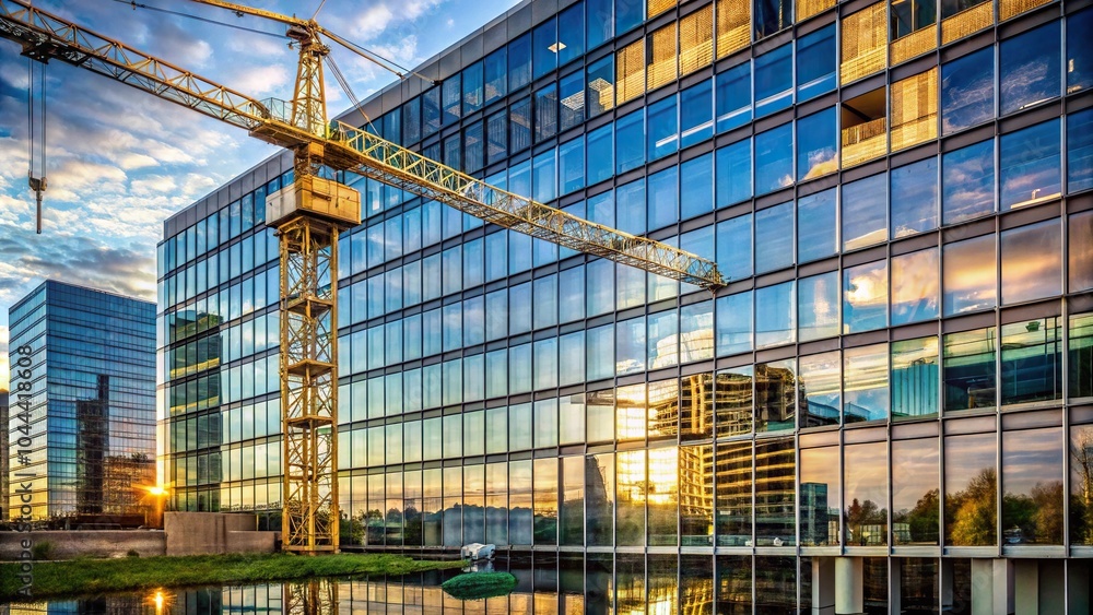Fototapeta premium Reflection of building with crane in foreground