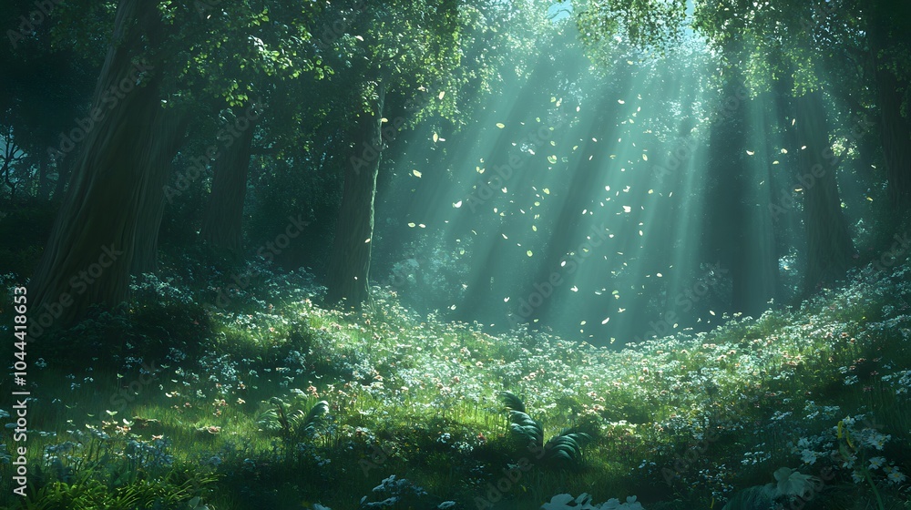 Fototapeta premium A serene glade illuminated by soft light filtering through crystal leaves creating a peaceful sanctuary for woodland creatures