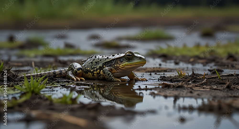 A lone amphibian on a shrinking patch of wetland, representing the global amphibian extinction crisis due to climate change and pollution. A lone amphibian on a shrinking patch of wetland, representing the global amphibian extinction crisis due to climate change and pollution.