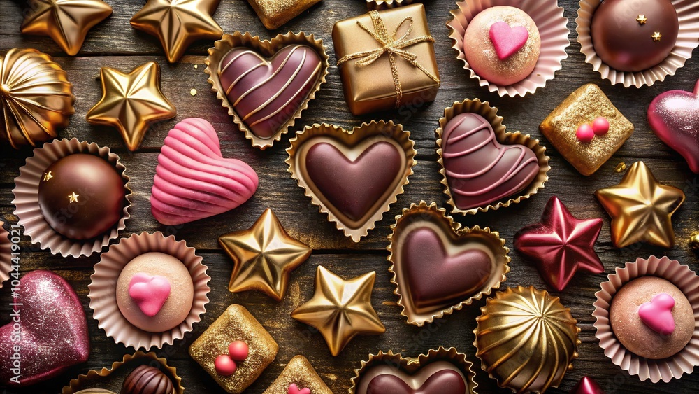 Celebrate Valentine's Day with an enticing selection of assorted chocolates, beautifully crafted into heart and star shapes, enhanced with elegant pink and gold tones. Celebrate Valentine's Day with an enticing selection of assorted chocolates, beautifully crafted into heart and star shapes, enhanced with elegant pink and gold tones.