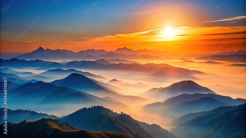 Serene landscape with rising sun and gradient mountains in shades of orange and blue Serene landscape with rising sun and gradient mountains in shades of orange and blue