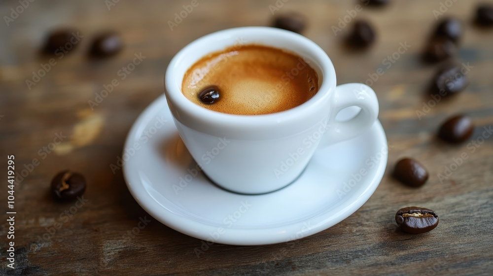 Coffee cup with coffee beans on wooden table Coffee cup with coffee beans on wooden table