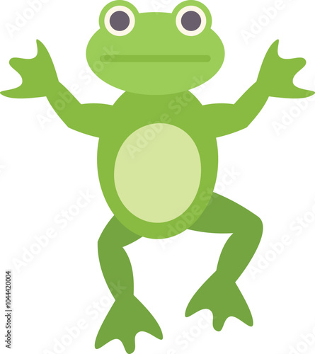 Green frog is jumping, its arms are raised, its legs are bent, its belly is light green