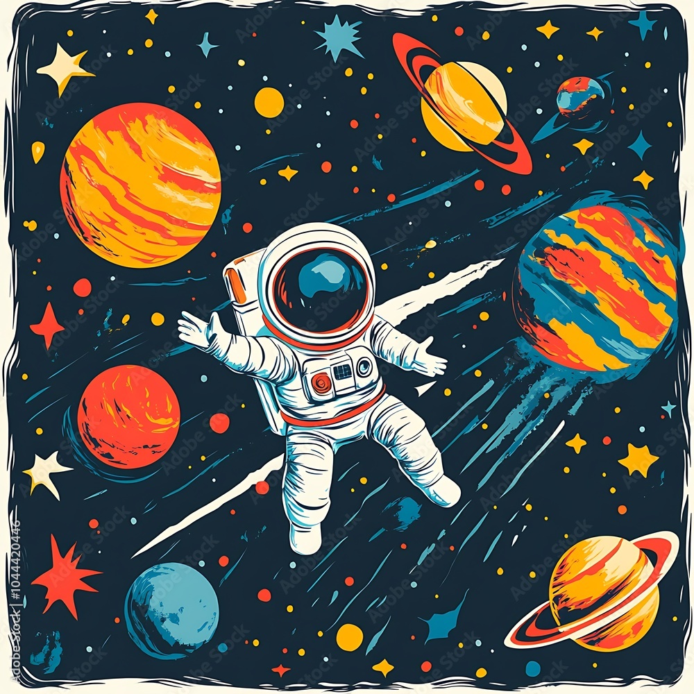 Fototapeta premium An astronaut floats in space surrounded by planets and stars.