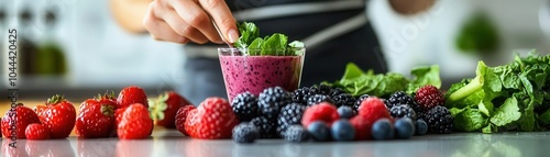 Person preparing a nutrientdense smoothie with fresh berries and greens, bright kitchen setting, ultrarealistic detail of healthconscious ingredients photo