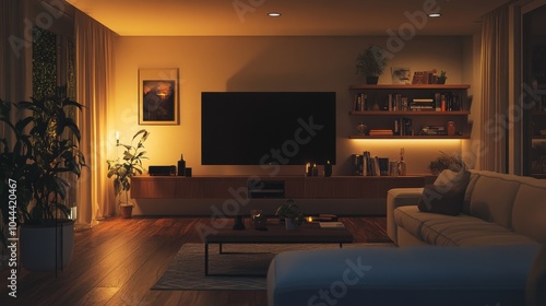 Wallpaper Mural A Cozy Living Room with Warm Lighting and a View of Greenery Torontodigital.ca