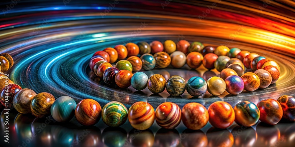 Colorful jasper beads dance in a time-bending photograph. Colorful jasper beads dance in a time-bending photograph.