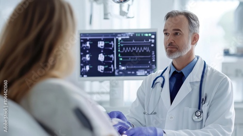 Person undergoing a medical checkup in a bright, modern clinic, ultrarealistic detail of doctorpatient interaction and health monitoring photo