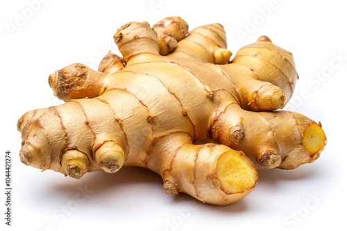 Culinary spice, ginger root, showcased in pure white.