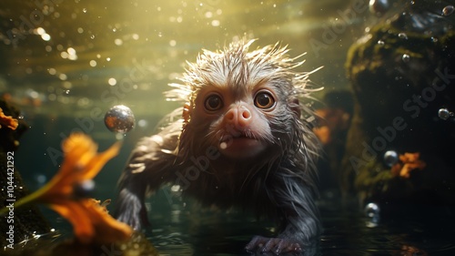 A playful underwater scene where a marmoset is exploring a hidden, crystal-clear stream with curious aquatic creatures, surrounded by shimmering water plants and reflections of sunlight. photo