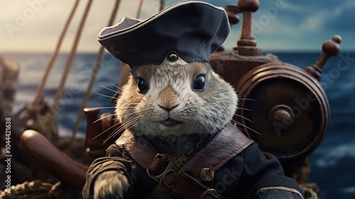 A Pygmy Rabbit pirate with a miniature tricorn hat and eye patch, sailing a small pirate ship through a fantastical ocean with treasure and friendly sea creatures. photo