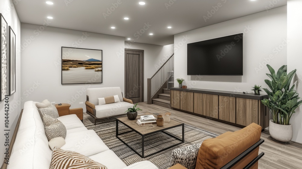 Modern living room with white sofas, wooden cabinet, and a large TV. Modern living room with white sofas, wooden cabinet, and a large TV.