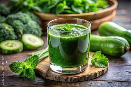 Refreshing Detox Green Juice with Spirulina, Cucumber, Kale and Mint Leaves in Clear Glass Close-Up