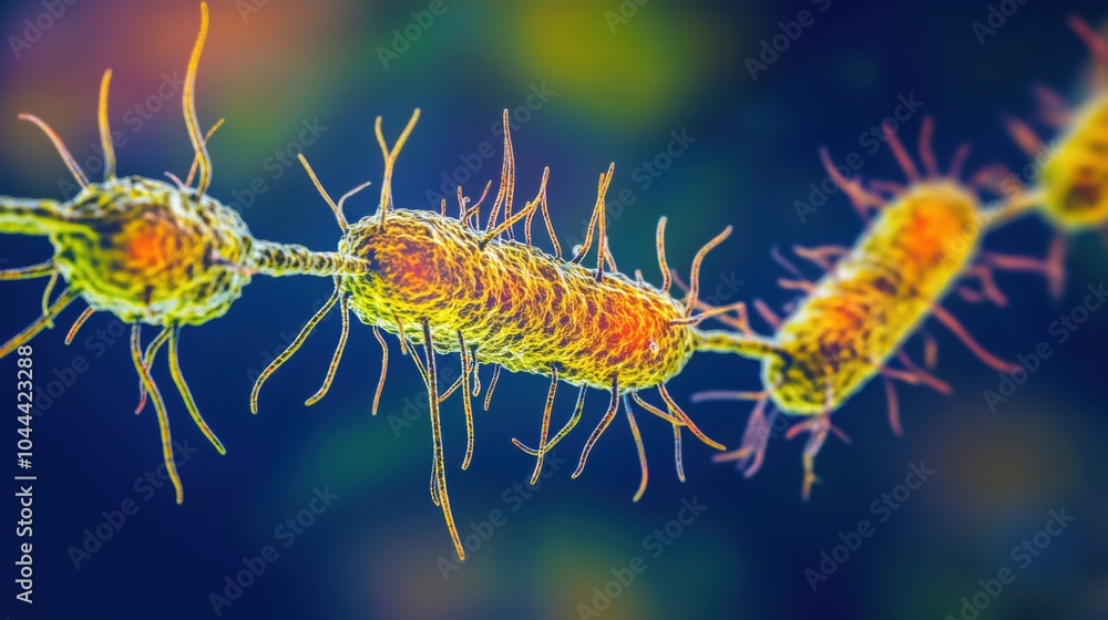 Fototapeta premium Ancient microbes under microscope reveal intricate cellular structures, showcasing their mysterious and ancient nature, ideal for scientific and educational content.