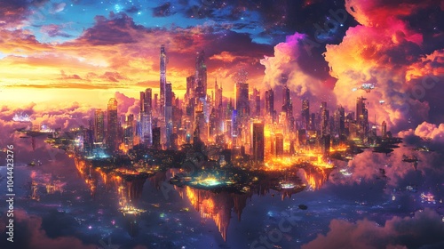 A breathtaking skyline filled with floating islands and luminous skyscrapers blending fantasy and reality in a colorful tapestry photo