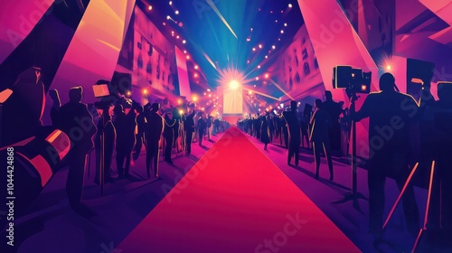 Film festival illustrations, glamorous red carpet at a vibrant film festival, with lights and cameras capturing the moment