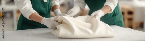 Sustainable cotton fabric being inspected by factory workers, detailed textures, eco-friendly production, lifelike detail photo