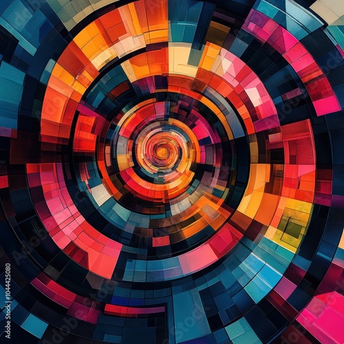 Abstract colorful circular pattern with geometric shapes.