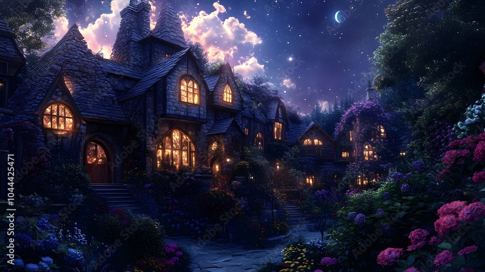 A charming village where houses are made of glowing stones and gardens burst with vibrant flowers under a moonlit sky A charming village where houses are made of glowing stones and gardens burst with vibrant flowers under a moonlit sky