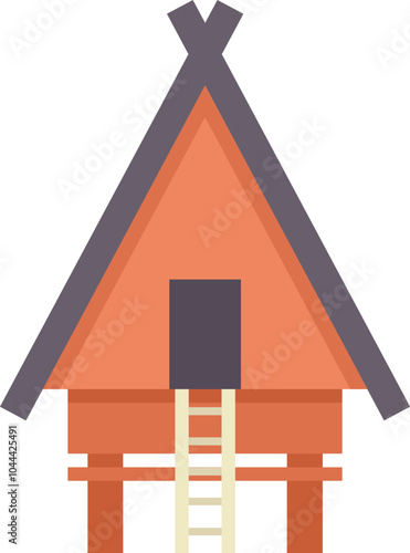 Simple flat illustration of a traditional wooden house on stilts with a ladder going up to the door