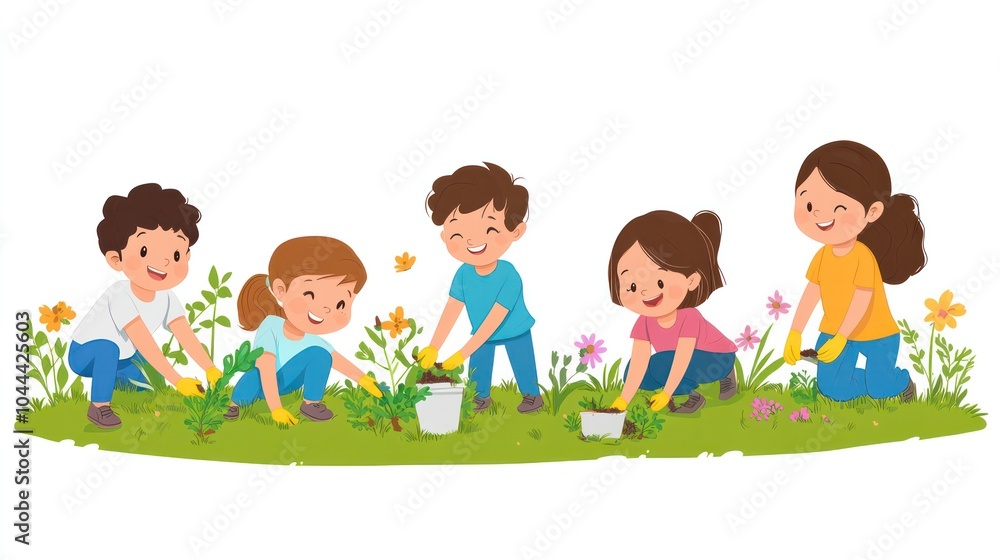 children volunteering illustrations, cheerful children helping to clean up a park and plant flowers in the community children volunteering illustrations, cheerful children helping to clean up a park and plant flowers in the community