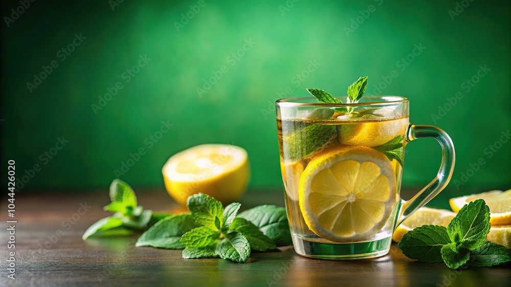 Refreshing summer beverage of Mint tea with lemon and ice in glass cup on green background Refreshing summer beverage of Mint tea with lemon and ice in glass cup on green background