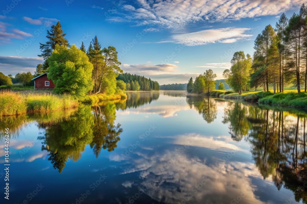 Obraz premium serene morning reflections calm river Swedish countryside wide-angle
