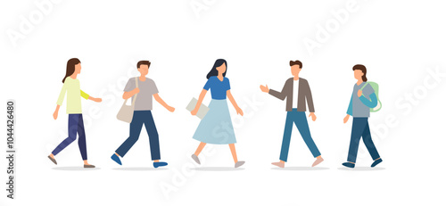 大学生ぐらいの若い男女が歩くシンプルなフラットベクター画像イラスト