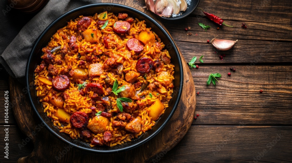 Delicious Paella with Chorizo and Saffron on Wooden Table Delicious Paella with Chorizo and Saffron on Wooden Table