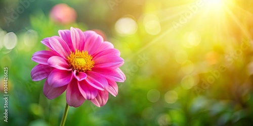 A vibrant pink flower with a golden center blooms against a backdrop of soft, golden sunlight filtering through a verdant green foliage.