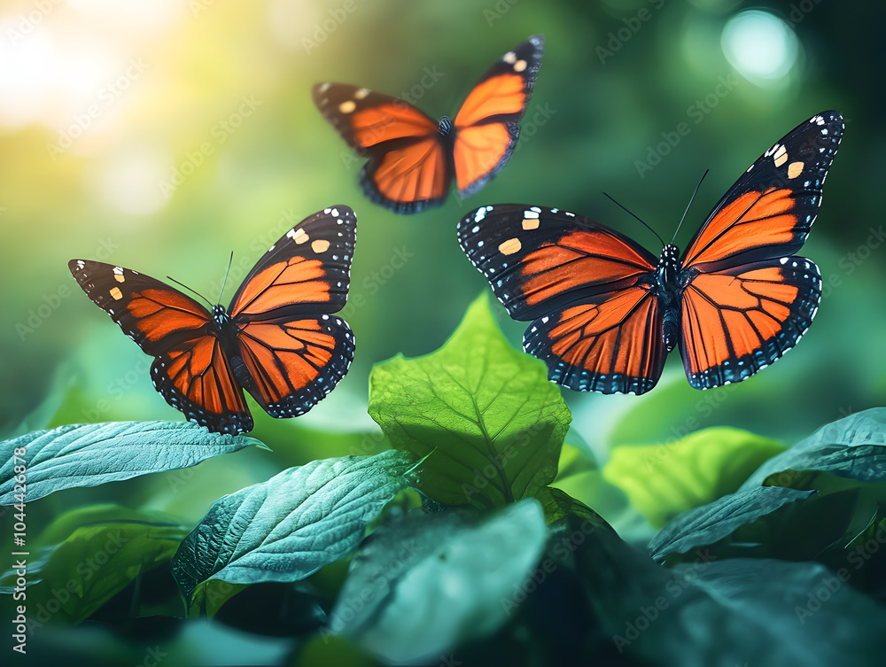 Fototapeta premium Vibrant Orange Butterfly in Serene Garden Close-Up Among Colorful Flowers and Green Leaves