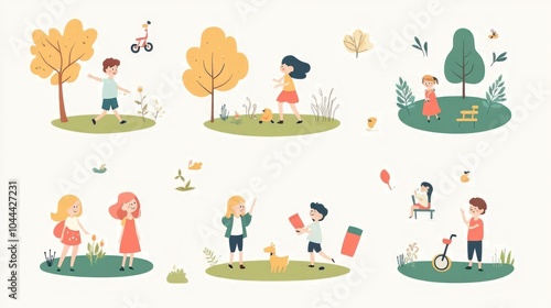 children having fun illustrations, kids playing together and enjoying their time in a vibrant park