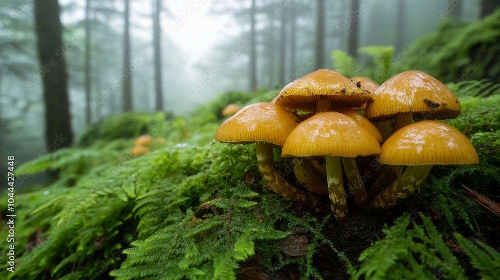 Yellow Mushrooms Clustered on Moss in a Misty Forest Yellow Mushrooms Clustered on Moss in a Misty Forest