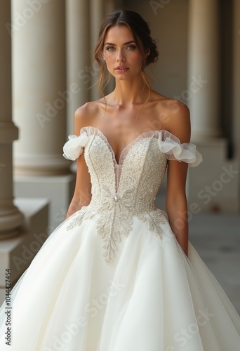 Stunning Off-Shoulder Ivory Wedding Gown Featuring a Voluminous Over Skirt and Exquisite Jewel Appliqués for the Modern Bride 