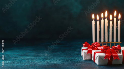 Brightly lit menorah candles stand beside beautifully wrapped gifts, creating festive atmosphere for Hanukkah celebrations photo