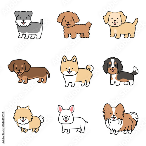 Various dog breeds cute puppy illustration japanese style minimalist simple flat vector design element bundle happy smiling pet owner drawing