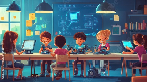 children in robotics class illustrations, excited kids building and programming robots in a hands-on tech classroom