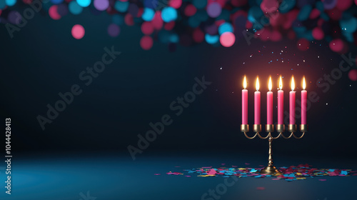 Brightly glowing menorah with pink candles, surrounded by colorful confetti, creates festive atmosphere perfect for celebrations