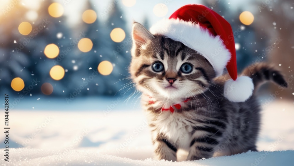 Cute kitten, Santa hat, Christmas tree, bokeh lights, snowy background, cozy atmosphere, winter scene, festive mood, soft focus, warm glow, holiday spirit, furry pet, adorable expression, tabby cat, C Cute kitten, Santa hat, Christmas tree, bokeh lights, snowy background, cozy atmosphere, winter scene, festive mood, soft focus, warm glow, holiday spirit, furry pet, adorable expression, tabby cat, C