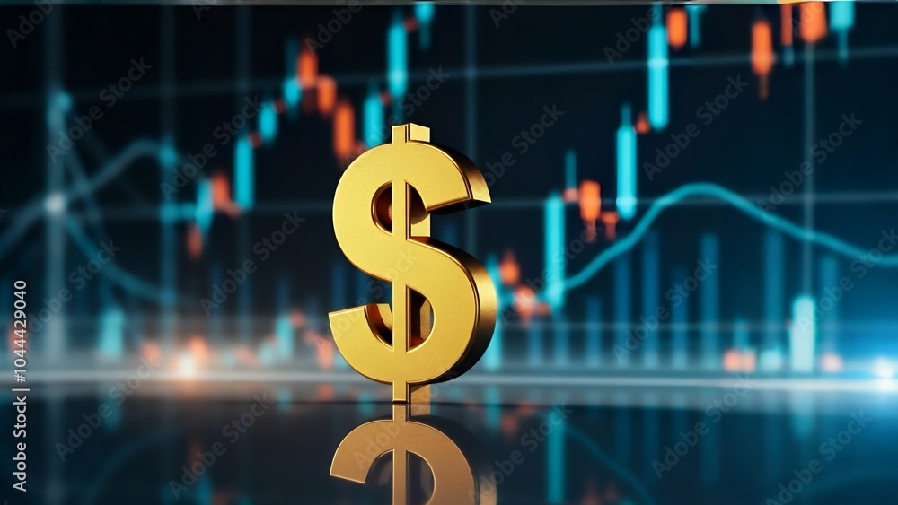 3D golden dollar symbol in front of a stock market graph on a dark background. 3D golden dollar symbol in front of a stock market graph on a dark background.
