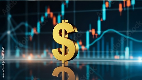 3D golden dollar symbol in front of a stock market graph on a dark background.