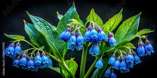 Gorgeous blue flowers of Symphytum officinale contrast vividly with a dark background, making a stunning visual statement ideal for nature and floral-themed designs.