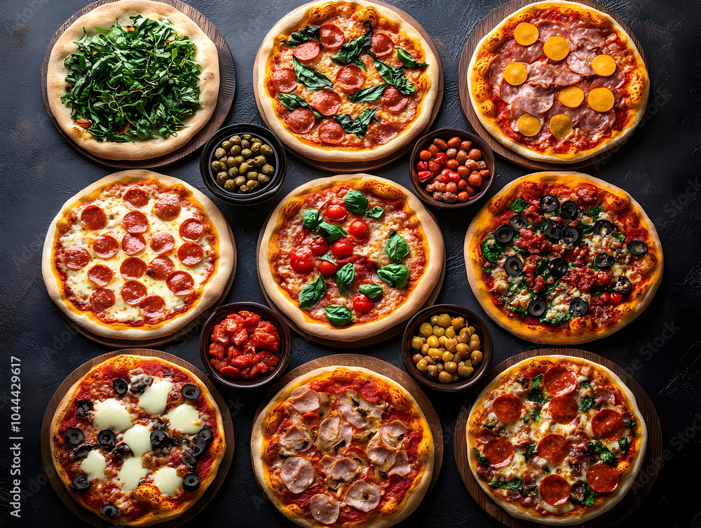 Gourmet Pizza Feast with Fresh Ingredients and Colorful Toppings for Dinner Sharing Gourmet Pizza Feast with Fresh Ingredients and Colorful Toppings for Dinner Sharing