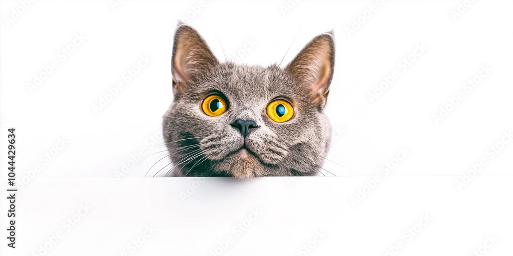 A wide-eyed gray cat with vibrant yellow eyes curiously peeks above a white surface, exuding an aura of playfulness and intrigue. Ai generated A wide-eyed gray cat with vibrant yellow eyes curiously peeks above a white surface, exuding an aura of playfulness and intrigue. Ai generated