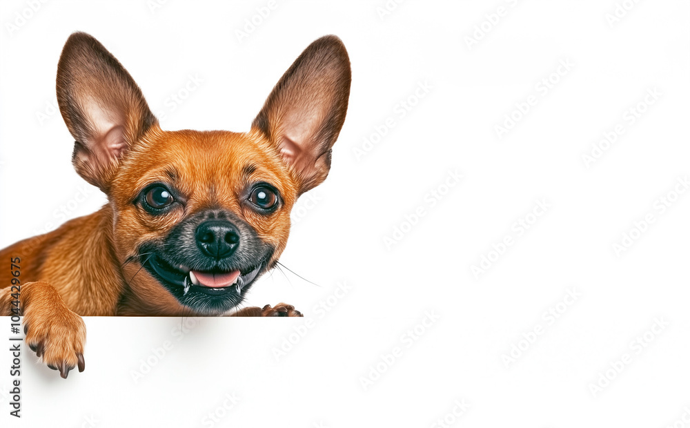 Cheerful Chihuahua with big ears peeking over a white surface against a rustic wall. Displays curiosity, happiness, and playfulness. Ai generated Cheerful Chihuahua with big ears peeking over a white surface against a rustic wall. Displays curiosity, happiness, and playfulness. Ai generated